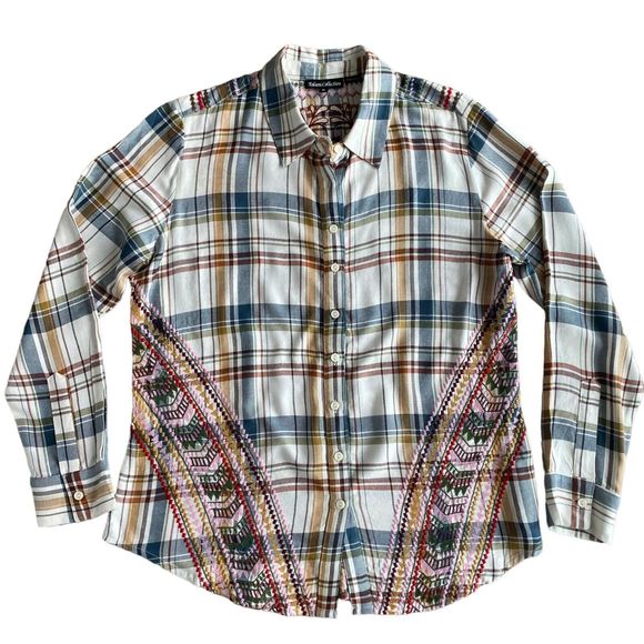 Tolani Collection Women's Shirt M Button Up Long Sleeve Plaid Embroidery Boho - Picture 1 of 7